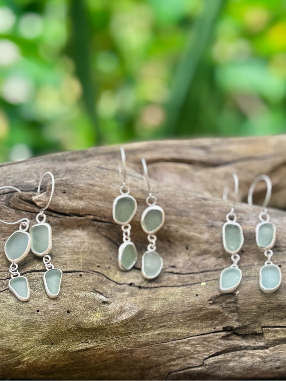Double Aqua sea glass Handmade sterling silver drop earrings - Picture 5 of 7
